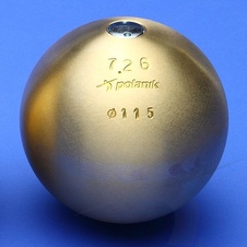 Koule soutěžní mosazná - hmotnost 7,26 kg, průměr 115 mm, certifikace IAAF I-00-0200 PK-7,26/115-M